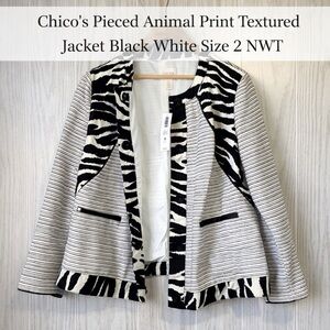 Chico’s Pieced Animal Print Textured Jacket Black White Size 2 NWT